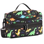 Lunch Box Bag for Boys, Kasqo Insulated Mini Cooler Bag Kids Lunch Tote with Dual Compartments Detachable Adjustable Shoulder Strap, Black Dinosaur