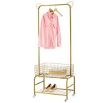 OYE Metal Laundry Sorter with Clothes Rack, Rolling Laundry Cart with Storage Basket and Hanging Bar, 3-in-1 Laundry Hamper for Bedroom Laundry Room (Gold)