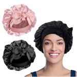 WUBAYI 2PCS Satin Bonnet, Silk Bonnet Hair Wrap for Sleeping, Hair Bonnet for Bath, Tie Band for Women Long Curly Braid Hair (Black, Pink)