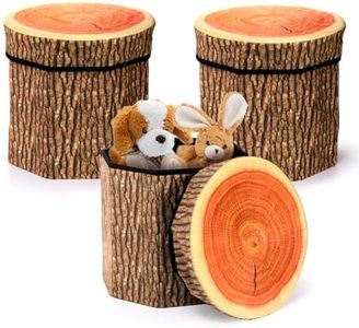Lawei 3 Pack Tree Stump Storage Stools, 12 x 12 Inches Folding Stool Ottoman with Foam Cushion, Collapsible Storages Seat Chest, Vintage Storage Toy Box Wood Stump Organizer Stools for Toy
