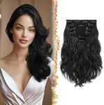 BARSDAR Wavy Clip in Hair Extensions - 12 Inch Black Clip in Hair Extensions for Women - 6PCs Full Head Thick Soft Synthetic Clip in Hairpieces Daily Party Halloween - Natural Black