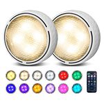 Onumii Under Cabinet Kitchen Lights Battery Powered LED Under Cupboard Lights, Stick on Wardrobe Lights Under Counter Lights Remote Control, RGB Puck Lights, 2 Pack - White