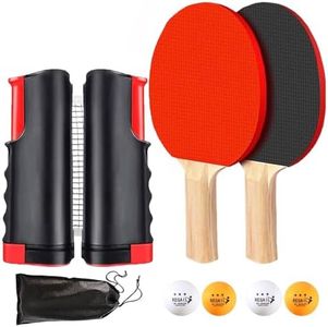 Ping Pong Paddle Set, Portable Table Tennis Set with Retractable Net, 2 Rackets, 4 Balls and Carry Bag for Children Adult Indoor/Outdoor Games