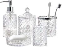 Set of 5 Glass Bathroom Accessories Set Include Soap Dispenser & Tumbler & Soap Dish & Toothbrush Holder & Apothecary Jar(Luxurious Crystal Sparkling Colored)