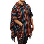 LOUDelephant 100% Woven Gheri Cotton Mexican Style Hooded Poncho - Blue & Red