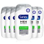 Sanex Men Skin Health Active Fresh Shower Gel 400ml x 6| dry skin body wash for men | controls body odour for 24 hours | deeply hydrates | 6-in-1 benefits | dermatologically tested | 0% sulphates*