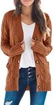 ZESICA Women's Fall Casual Long Sleeve Button Down Open Front Cable Knit Cardigan Sweater Coat,Brown,Small