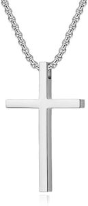 Veylenix Silver Cross Necklace for Men Women Stainless Steel Plain Cross Pendant Necklace for Boys Simple 60 cm Cross Chain Jewelry Gift in Box