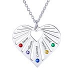 Personalised Silver Heart Shaped Hollow Necklace Zircon Birthstone Pendant Engrave 2-8 Names Customised Necklace for Families/Best Friends/Girlfriend (5 names)