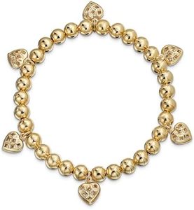 Multi Heart Dangle Charms Stretch Bracelet for Women Teens Yellow Gold Plated Brass 6.5 to 7.5 Inch