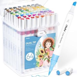 Ohuhu Marcadores de Agua, 64 Colores Rotuladores Doble Punta para Niños y Adultos, para Cómics, Manga,Dibujar, Coloración, con 1 Batidora Incolora y Maletín de Transporte, Inodoro & Lavable