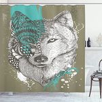 Ambesonne Wolf Shower Curtain, Hand Drawn Illustration Zentangle Dog Paint Splatters Print, Cloth Fabric Bathroom Decor Set with Hooks, 69" W x 70" L, Jade Green Sage Green