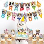 10Pieces Cat Birthday Party Decorations containing Happy Birthday Cat Decoration Banner, Cat Cake Cupcake Toppers for Birthday Party, Theme Party Decoration
