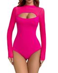 EVELIFE Women's Bodysuit Sexy Long Sleeve Cut out Top Ladies Sheer Mesh Turtle Neck Stretchy Basic Leotard(Pink,XXL)