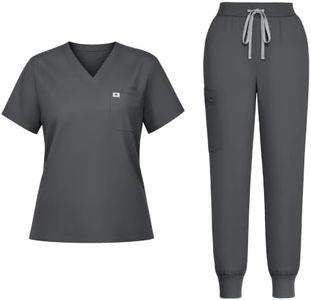 Eadflie Scrubs for Women Medical Scrubs Set - V-Neck Top & Jogger Pants with 5 Pockets, Soft Stretch Woven fabric,Side splits - (Dark Grey/2XL)