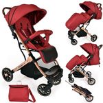 Lightweight Stroller, Baby Pushchair, Compact Travel Buggy, One Hand Foldable, Upgraded, Airplane Travel Cabin Approved Stroller, Foot Cover, Mommy Bag, Rain Cover (Red - Rose Gold Frame)