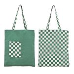 WUERKIYA Canvas Tote Bag Multifunctional Cotton Canvas Tote Bag Reusable Handbag Storage Bag Fashionable Two-color Double-side use (Green Checkerboard)