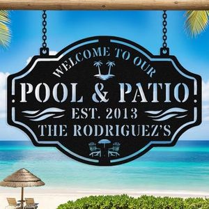 Custom Metal Pool Signs for Outside, Personalized Poolside Oasis Metal Sign, Customized Pool Signs Palm Tree Wall Decor Art, Custom Backyard Swimming Hanging Sign for Outdoor Patio Pool