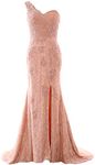 MACloth Women One Shoulder Long Prom Dress Mermaid Slit Lace Formal Evening Gown (UK30, Peach Pink)