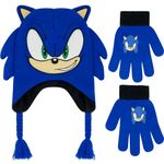 Concept One Sonic The Hedgehog Beanie Hat and Glove Set, Kids Knitted Winter Hat and Gloves, Tassels, Blue, One Size