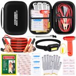 Roadside Emergency Car Kit with Jumper Cables，Car Accessories for Men, Assistance Safety Kit Includes Safety Hammer, Headlamp, First Aid, Gloves, Black