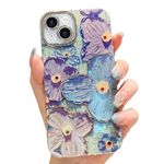 Elzzi Compatible with iPhone 13 Case 3D Laser Flower Oil Painting Cute Colorful Blue Ray Bumper with Full Camera Protection Shockproof PC+TPU Glossy Shiny Cover for Girls Women, Blue