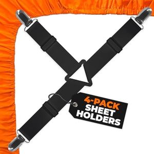 5 STARS UNITED Bed Sheet Straps Set | Easy to Use Adjustable Elastic Fasteners with Metal Clips | Sheet Holders for Corners | Fitted Sheet Clips to Hold Sheets in Place | (4 Pcs Black)