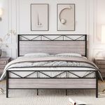 GarveeHome Queen Size Bed Frame with Headboard, Industrial Platform Queen Bed Frame with 14 Strong Metal Slats Support, 11'' Under-Bed Storage, No Noise, Easy Assembly, Light Grey