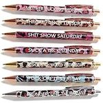 7 PCS Funny Pens, Seven Days of The Week Mood Pen Describing Mentality, Daily Vibrant Negative Passive Leopard Pens, Reusable Glitter Ballpoint Pens Set for Colleague Coworker Office Gifts