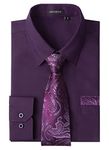 HISDERN Men's Purple Shirts Long Sleeve Formal Dress Shirt and Tie Set Business Plain Shirts Casual Wedding Shirt with Pocket Regular Fit M