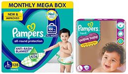 Pampers Baby Dry Pants Diapers Monthly Mega Box, Large, 128 Count & Pampers Active Baby Diapers, Large, 50 Count