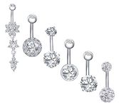 6PCS 14G 316L Surgical Steel CZ Belly Bars with Dangle Cubic Zirconia Curved Body Piercing Jewelry Barbells for Women Girls (6 Pcs)