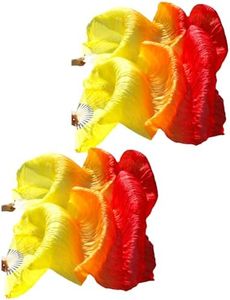Belly Dance Faux Silk Veil Fans, 2 Pair Handmade Long Faux Silk Fans for Dancing, Abanicos de Danza for Line Dancing (Yellow Gradient Red, 70.8" x 35.4")