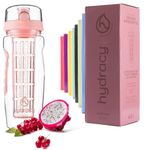 Hydracy Fruit Infuser Water Bottle - 1Litre Sport Bottle - Time Marker & Full Length Infusion Rod +27 Fruit Infused Water Recipes eBook Gift -Your Healthy Hydration Made Easy - Rose Gold