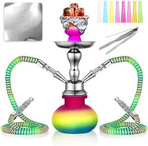 2 Hose Hookah Set 11'' Small Shisha Hookah Set With Mini Pumpkin Glass Vase, Ceramic Bowl, Leather Hose, Coal Tong, Hookah Foil, Disposable Tips (Colorful)