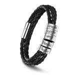 Kaululu Personalised Mens Beads Leather Bracelet 1-5 Names Customised Black Bracelet with Silver Charm Beads for Father Dad Family Boyfriend Gift for Birthday Anniversary (3 Ring)