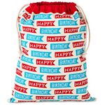 Hallmark 19" Large Birthday Drawstring Gift Bag (Red and Blue "Happy Birthday" Flags) for Kids, Grandchildren, Adults, Coworkers, Friends