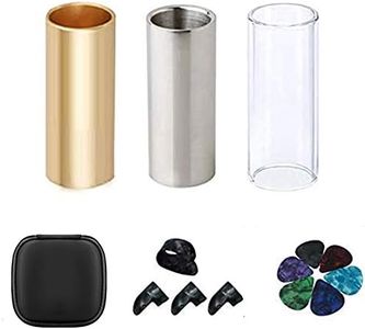 Guitar Slide, Set of 1 Glass Slide, 1 Steel Slide and 1 Brass Guitar Slide, Bonus 6 Pcs Guitar Picks, and 4 Finger Picks