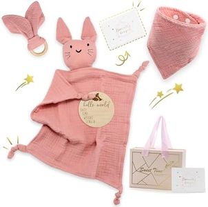 Feelhap Regalo Bebe Recien Nacido,Regalo para Recién Nacido Baby Shower Canastilla Bebe Recién Nacido con Doudou Bebé,Babero Bandana,Mordedor,Tarjeta de Felicitación,Tarjeta Madera Bienvenida(Rosa)