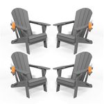 Patio Kingdom Folding Adirondack Chairs with Cup Holders, Set of 4 HDPE Plastic Outdoor Chairs, Weather Resistant, Real Wood Look, Heavy-Duty Patio Furniture for Deck, Fire Pit, Backyard, Gray