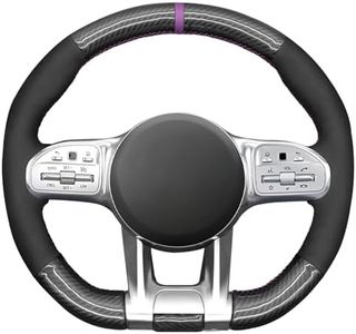 MEWANT Hand Sew Black Suede Glossy PU Carbon Fiber Steering Wheel Wrap for Mercedes Benz W177 C190 W205 C118 C257 W213