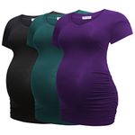 Bearsland Womens Maternity 3 Packs Tshirt Modal Classic Side Ruched Tee Top Mama Pregnancy Clothes,Black+Green+Purple,XXL