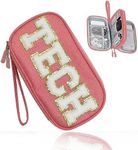 COSHAYSOO Electronic Accessories Organizer Bag Cable Cord Charger Carrying Pouch with Preppy Chenille Letter Patch TECH, Business Travel Gadget Small Storage Case Essential for Women Teen Girl (Pink)