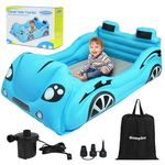 ROMPICO Inflatable Toddler Travel Bed with Safety Bumper,Portable Racecar Toddler Bed Air Mattress with 4 Sides for Kids, Ideal for Vacation,Camping and Sleepover,Electric Pump Included(Regular, Blue)