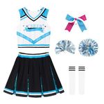 LOLANTA Girls Cheerleader Costume Kids Sequin Cheerleading Uniform Outfit with Pompoms Socks, Halloween Fancy Dress Costume for Girls 5-13 Years(LakeBlue,12-13 Years,Tag Size 160)