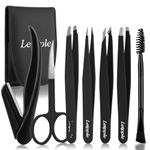 Tweezers Set 7Pcs for Facial Hair Women & Men - Precision Tweezers Set with Travel Case - Stainless Steel Tweezers for Eyebrows with Scissors, Razor, Mirror for Ingrown Hair (Black)