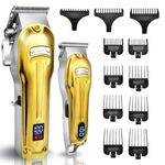 JAMAKY 2 in 1 Hair Clipper for Men, Gold Clipper for Barber, Wired or Wireless Use, Clipper and Trimmers Set Professional, Zero Gap Beard Trimmer, with LED Display, 6500 RPM, Barber Kit