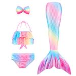 Danvren Mermaid Tails for Swimming Girls Bathing Suits Swimsuit Swimwear Bikini 3 Pcs for 3-12 Year Old, A-marshmallow Design, 8-9 Years