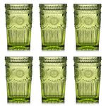 Kingrol 6 Pack 12 oz Vintage Drinking Glasses, Embossed Romantic Water Glassware, Glass Tumbler Set for Juice, Beverages, Beer, Cocktail (Green)