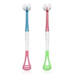 3-Sided Toothbrush, 2 Pcs Triple Toothbrush with Tongue Scrape, for Remove Bad Breath, Healthy Oral Care, Travel, Camping (Pink Green, Pink Blue)